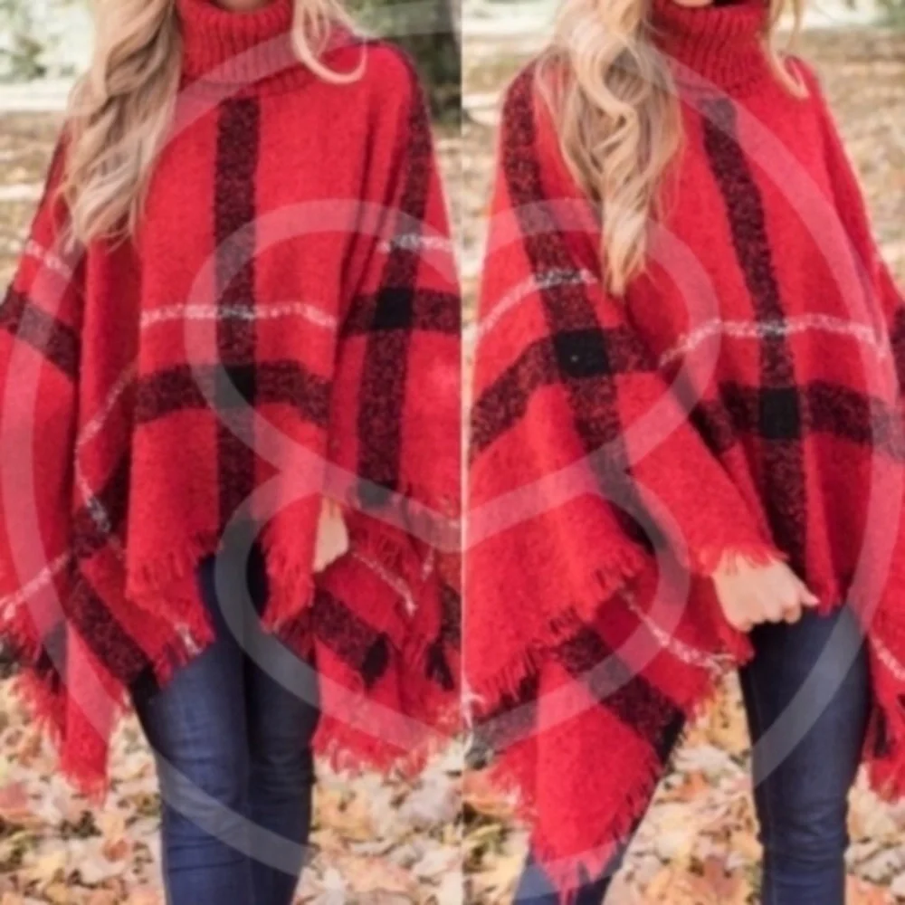 Cozy Red Turtleneck Plaid Frayed Hem Poncho - Picture 6 of 13